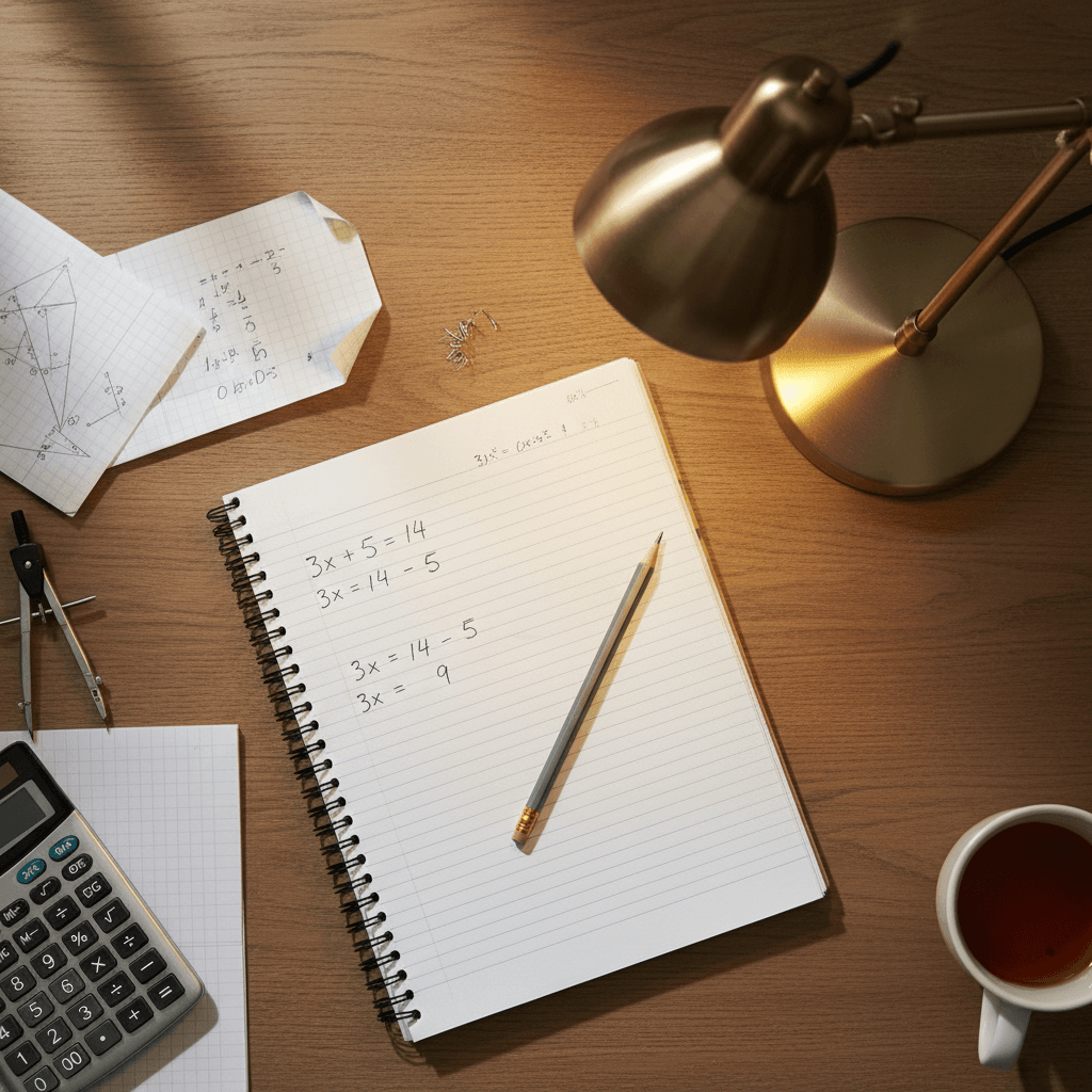 Student working through a math problem with a tutor's notes nearby
